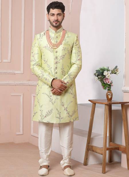 Light Green Colour New Ethnic Wear Mens Banarasi Silk Sherwani Collection 1653